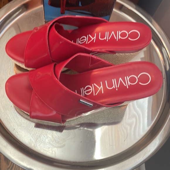 Red Calvin Klein Wedge Sandals, never worn outside.  Adds a great pop of color! - Picture 2 of 7